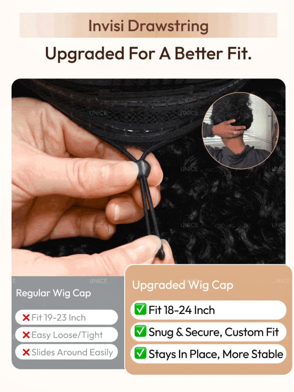 UNICE InvisiBlend Burmese Curly V Part Wig Human Hair With Finger Coil Ends Thin Leave Out Vpart Drawstring Wig No Glue No Sew In Black Color 150% Density 22 inch