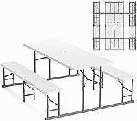 VINGLI Folding Picnic Table & Bench Set - Portable Wood Grain Plastic Top, Sturdy Metal Frame for Camping, Patio, Backyard - White
