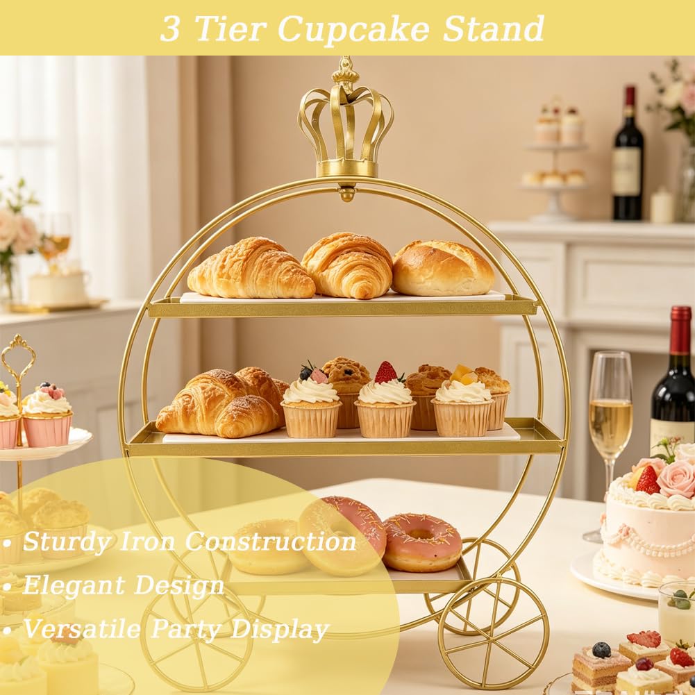 Soporte para Cupcakes de 3 Niveles, Bandejas de Hierro para Cupcakes, Donas, Frutas, Pasteles, Bandeja de Postres para Fiestas de Té, Cumpleaños Y Bodas (Dorado)