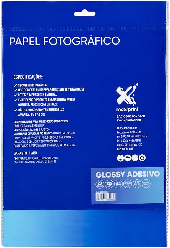 Papel Fotográfico Glossy Adesivo Maxprint A4 135gsm - 20 Folhas