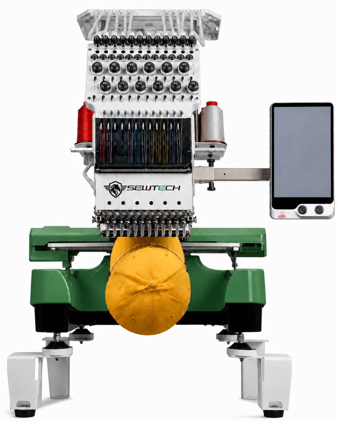 SEWTECH - Máquina de bordado comercial de 12 agujas, campo compacto de 200 x 360 mm, 1200 puntadas/minuto, pantalla táctil de 10 pulgadas, WiFi/USB, para tapas y logotipos