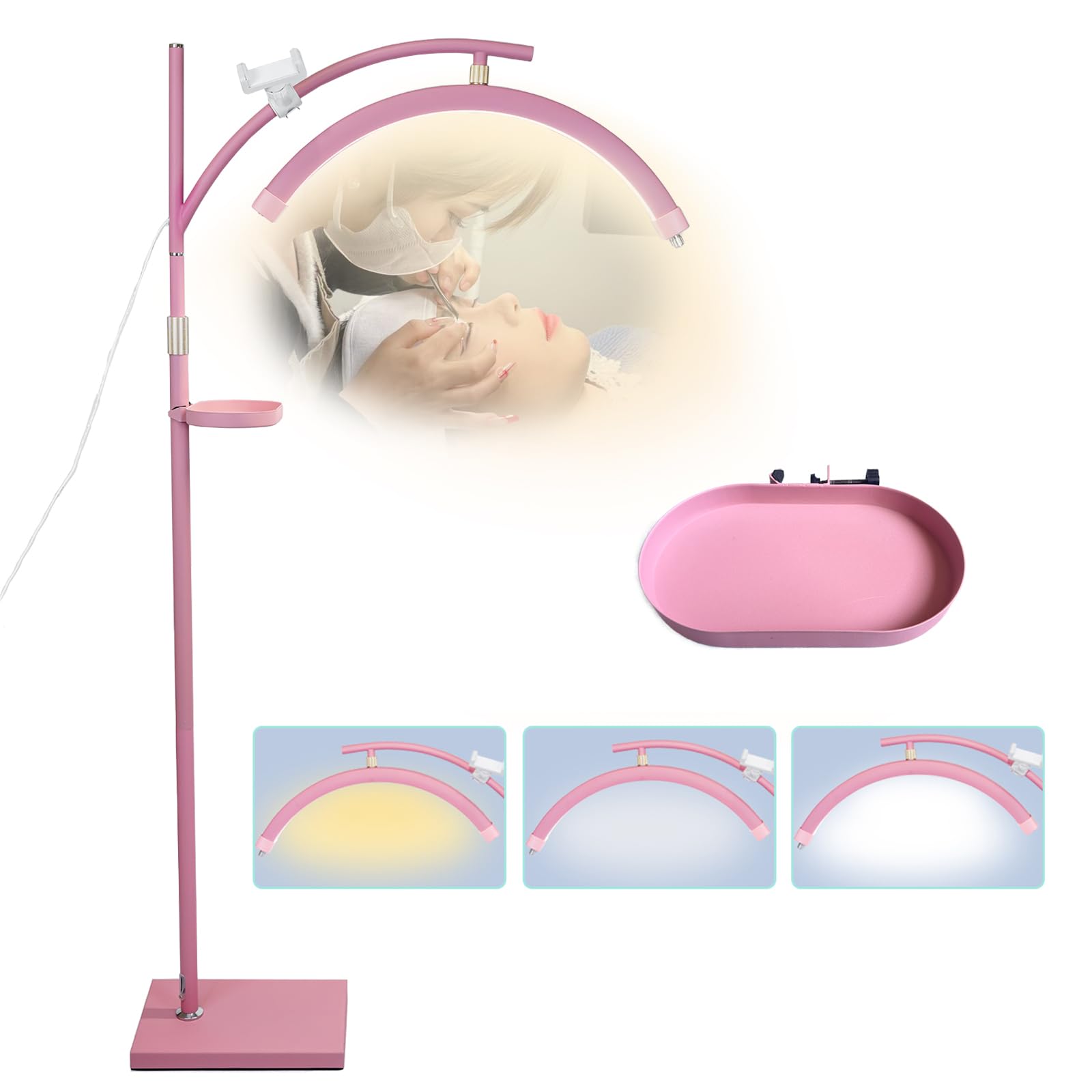 Lash Light Lash Lamp for Eyelash Extensions Adjustable LED Floor Eyelash Light Esthetician Light Half Moon Light Tattoo Light Shadowless Lighting for Beauty Skincare Nail Tech Tattoo Artists WR Pink