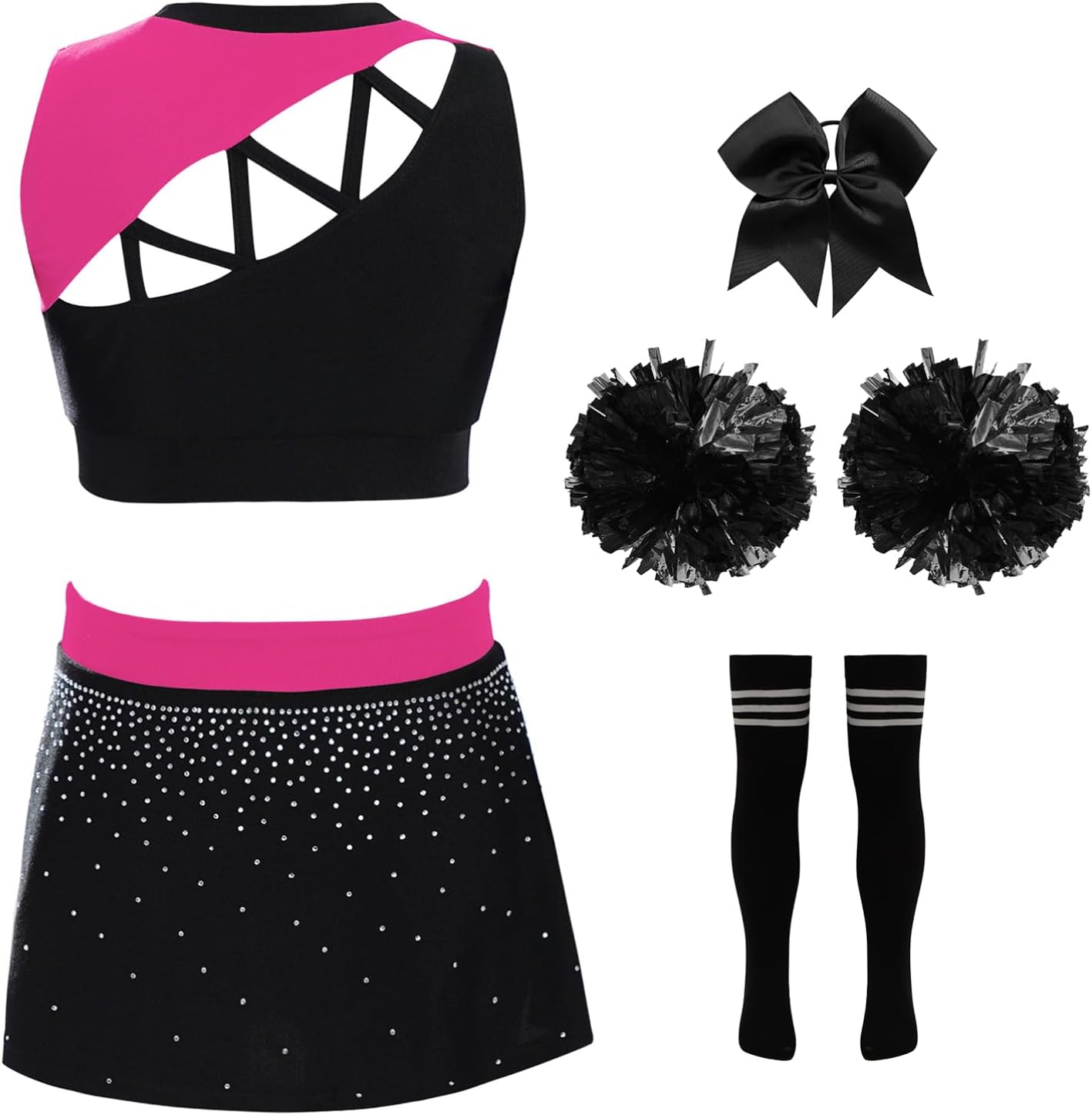 Aislor Kids Girls 5 Piece High School Cheerleading Uniform Outfit Crop Top and Skirt Headwear Pom Poms Socks Set