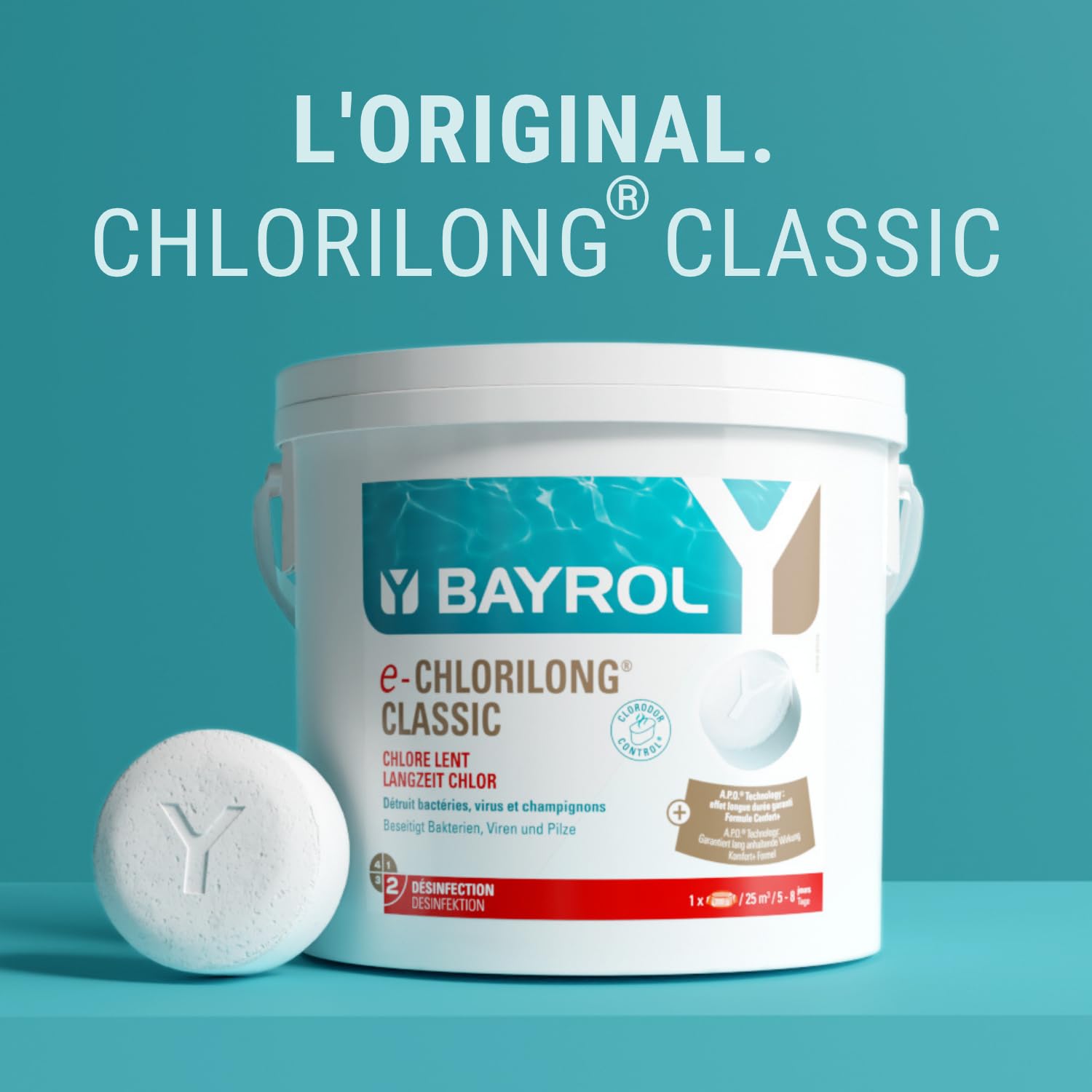 BAYROL e-Chlorilong® Classic Piscine 5 kg - Galets de Chlore Lent 200g - 92% Chlore Actif - Désinfection Permanente Haute Concentration - Anti-Calcaire