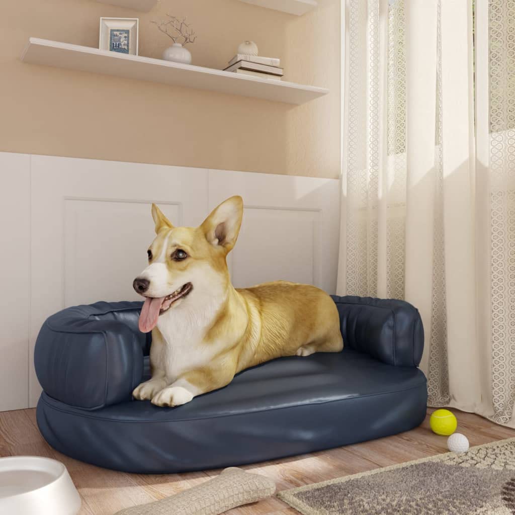 Ergonomisches Hundebett Dunkelblau mit Schaumstofffüllung aus Kunstleder 60x42 cm rutschfestes Hundesofa waschbar und gelenkschonend als kuscheliger Schlafplatz für Welpen und Hunde Reise