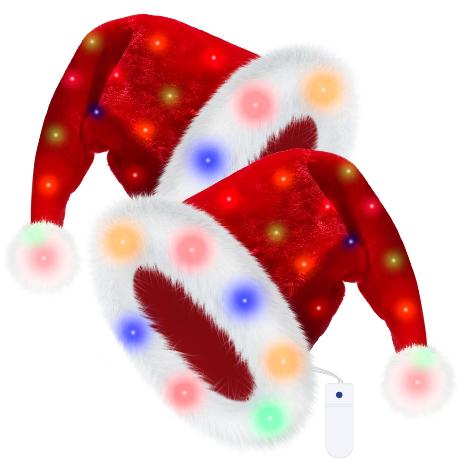 2 Pcs LED Santa Hat - Christmas Hat with 4 Colors Lights,Unisex Christmas Hats Funny for Adults Couples Gifts