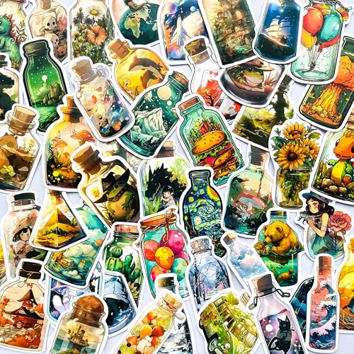 Yoksas 50Pcs World in The Bottle Stickers - Aesthetic Scenery Cartoon Anime Artist Decals for Water Bottle,Laptop,Scrapbooking,Tumbler