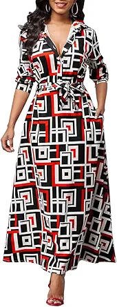 LaiyiVic Womens Maxi Dresses Long Sleeve Floral Printed Casual V Neck Loose Party Dress Fall