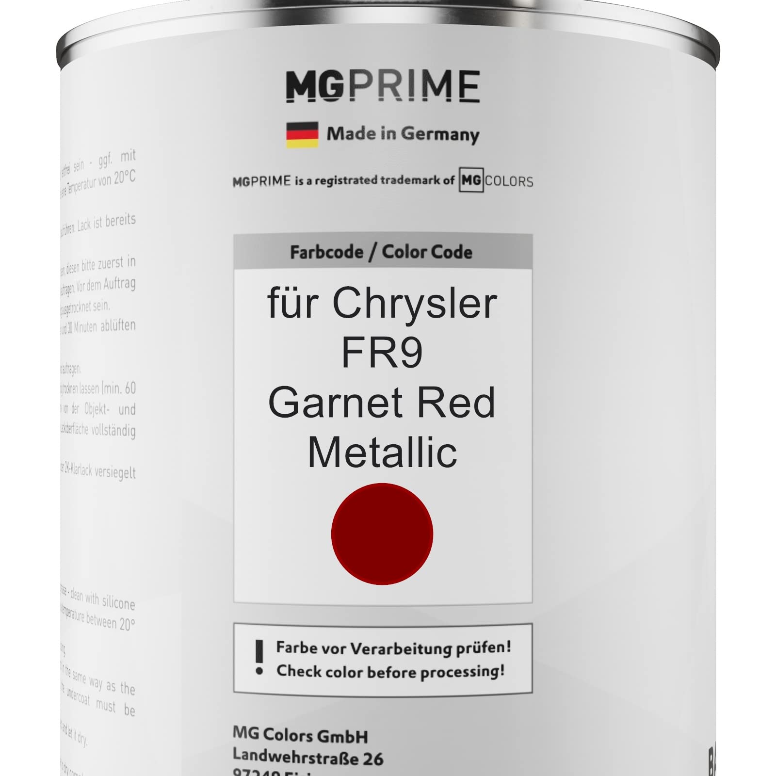 MG PRIME Lakier samochodowy Zestaw puszek dla Chrysler FR9 Garnet Red Metallic Lakier bazowy 2K Utwardzacz do lakieru bezbarwnego gotowy do natrysku 2,5L
