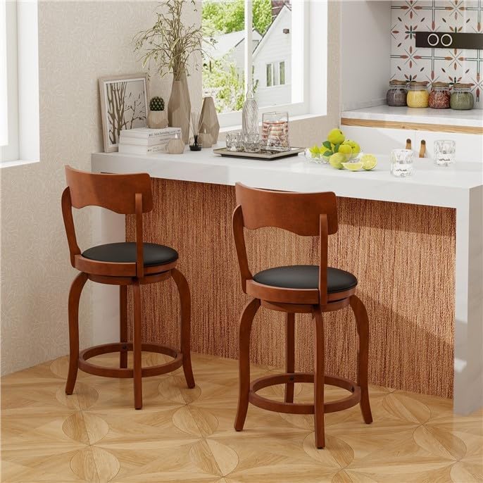 ERGOMASTER Swivel Bar Stools, Stools with Back Support, Rubber Wood Frame, Upholstered Seat Barstools for Kitchen Island, Home Bar, Pub (2, 24 Inch)