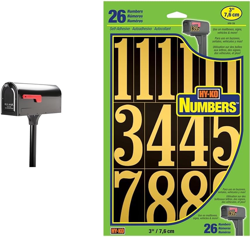 Architectural Mailboxes 7680B-10 MB1 Mount Mailbox and In-Ground Post Kit, Medium, Bl & Hy-Ko Products MM-5N Self Adhesive Vinyl Numbers 3" High, Black & Gold, 26 Pieces