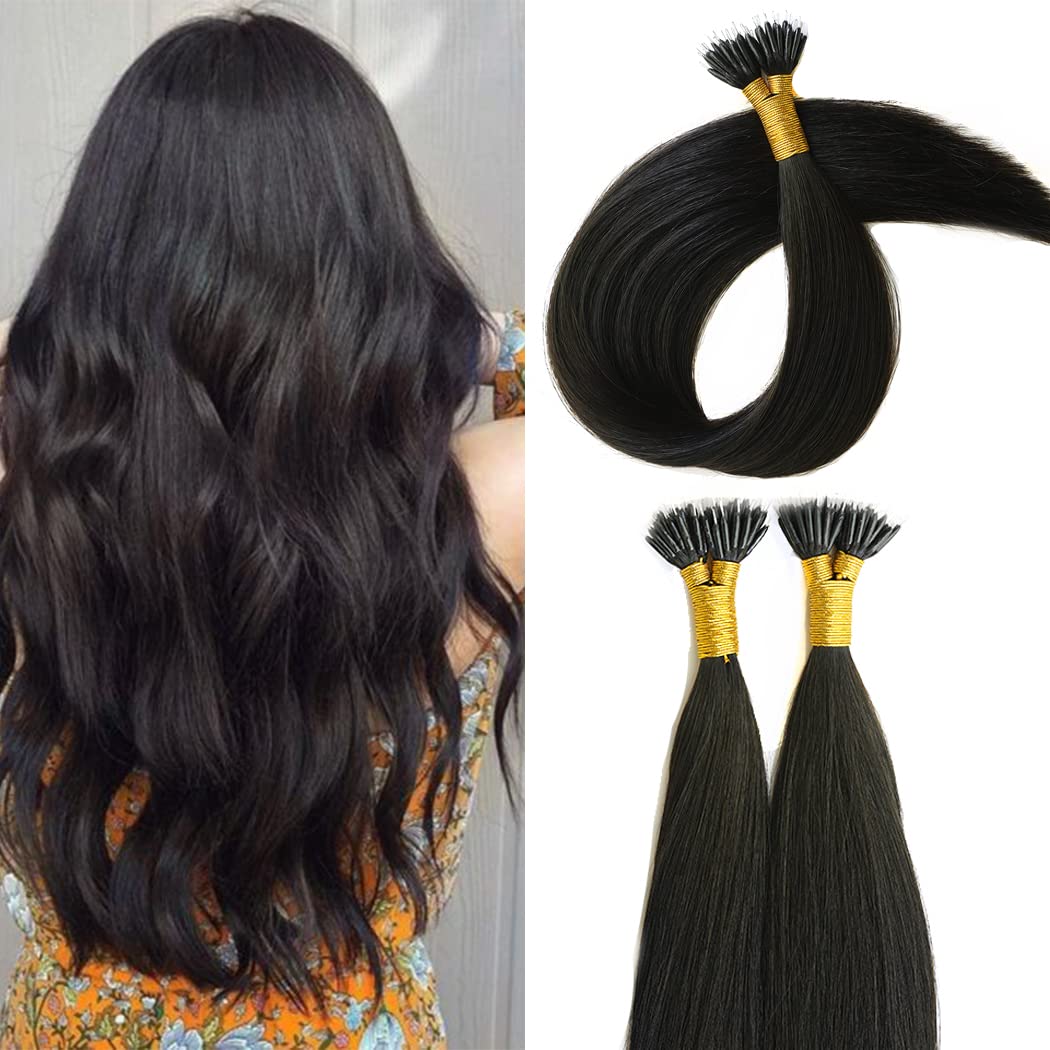 KOCONI 16 Inch Black Nano Rings Hair Extensions Real Human Hair Extensions Double Drawn Nano Ring Hair Extension Nano Tip Beads Human Hair Extensions 50g 1g/Strand #1B Natural Black