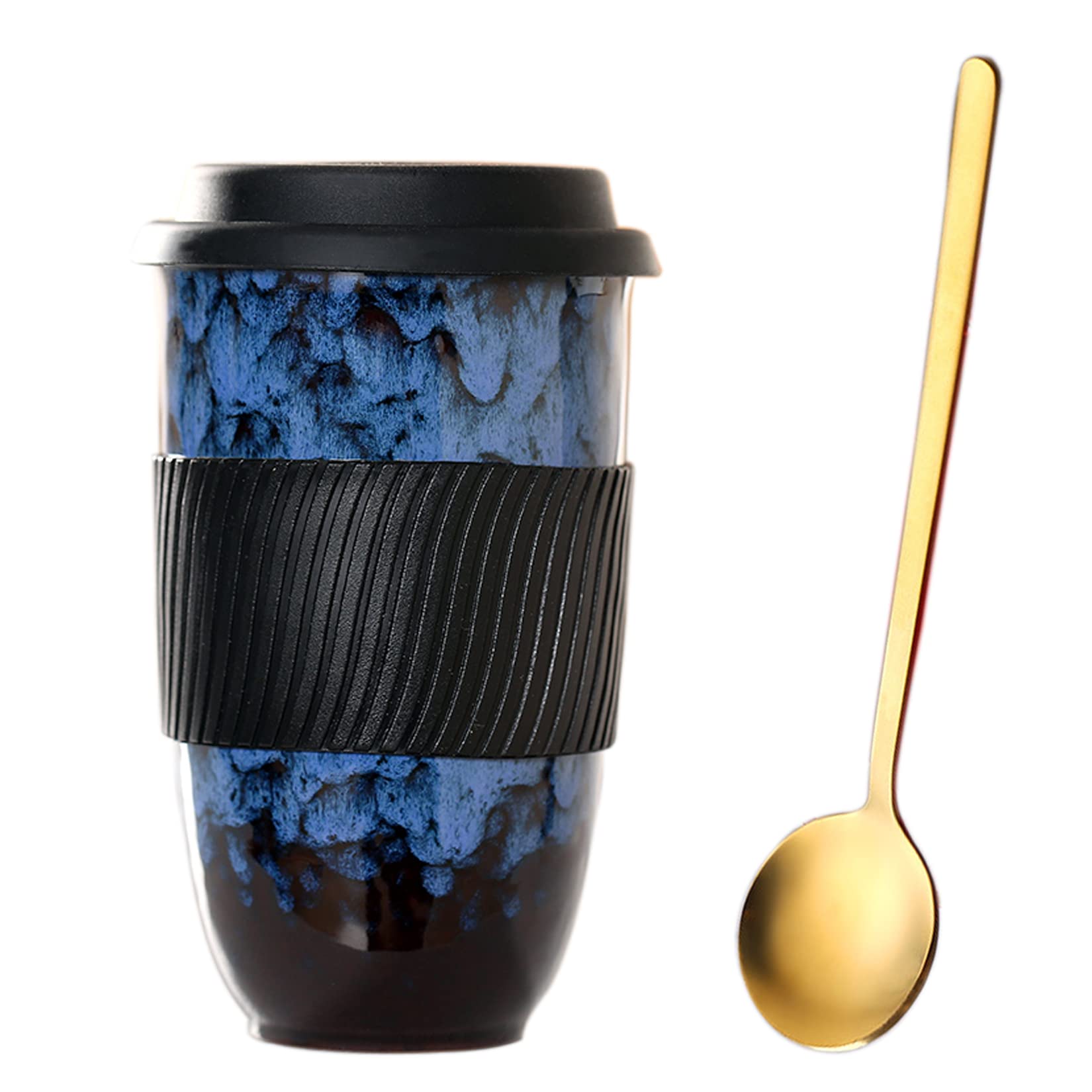 15 OZ Glazed Ceramic Coffee Mug,Large Reusable Travel Cup with Lids and Spoon,Tall Unique To Go Mug Microwave Dishwasher Safe,450ML Novelty Glaze Tea Cup,Gift for Mother's Day Birthday Christmas