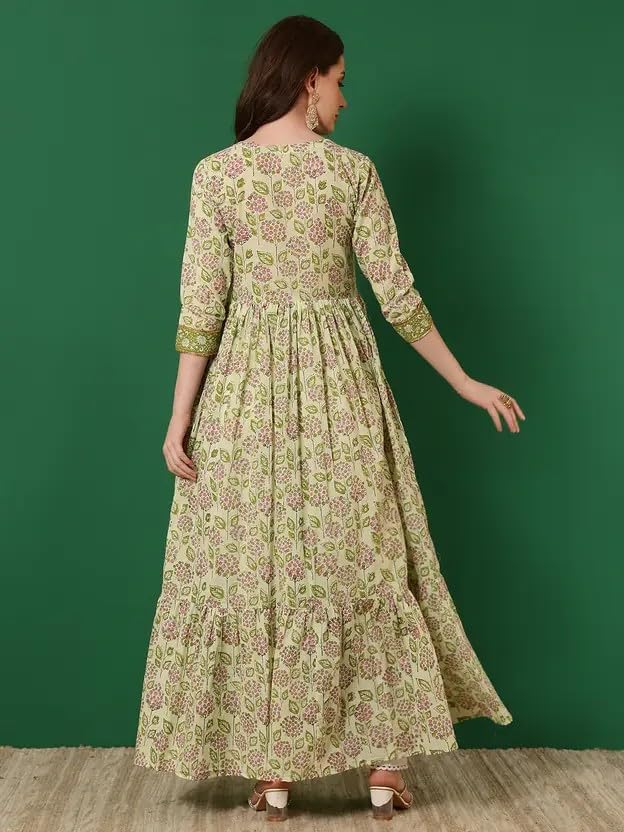 Image of Women Rayon Regular Fit Floral Printed Mirror Work Tiered Anarkali Kurta