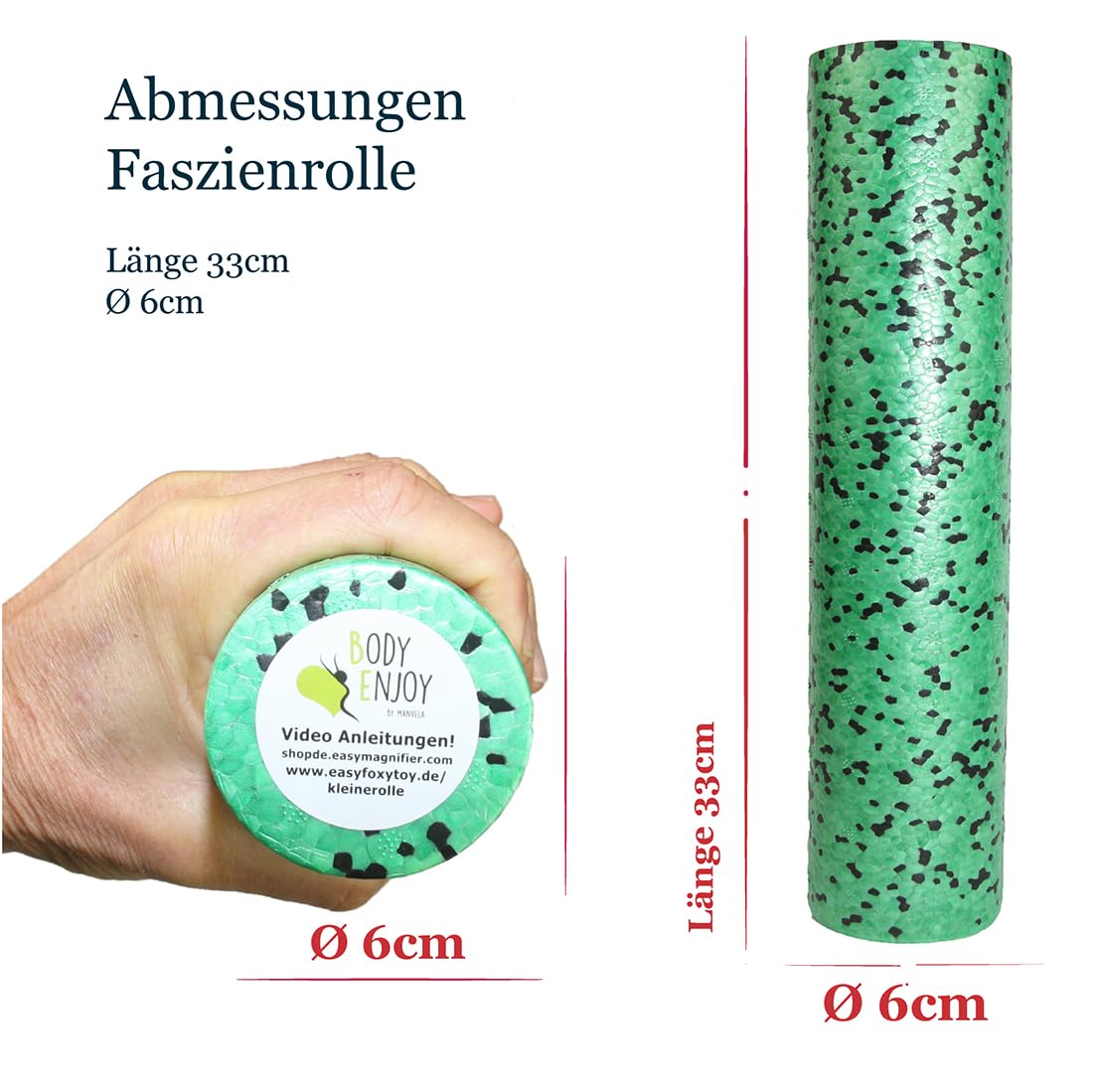 Mini Faszienrolle Für Fuss, Hand & Kopf Massage Ø6cm x33cm, Kleine Faszien Foam Rolle für unterwegs, Mittlere Härte, Massagerolle um Verspannungen zu lösen