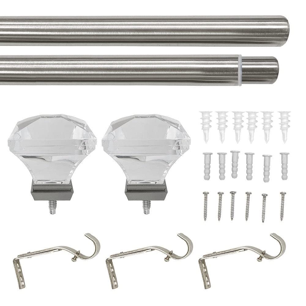 Lumi 1" Single Curtain Rod Set Brushed Nickel- Acrylic Square finials 72"-144" - Brushed Nickel