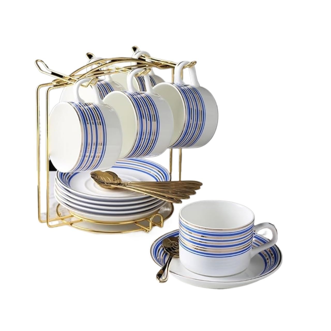 Porcelanowy zestaw 6 filiżanek i spodków do herbaty w kwiaty | Wielokolorowy do podwieczorku: porcelanowy zestaw filiżanek i spodków w kwiaty, 6 szt. 150 ml(Blue)