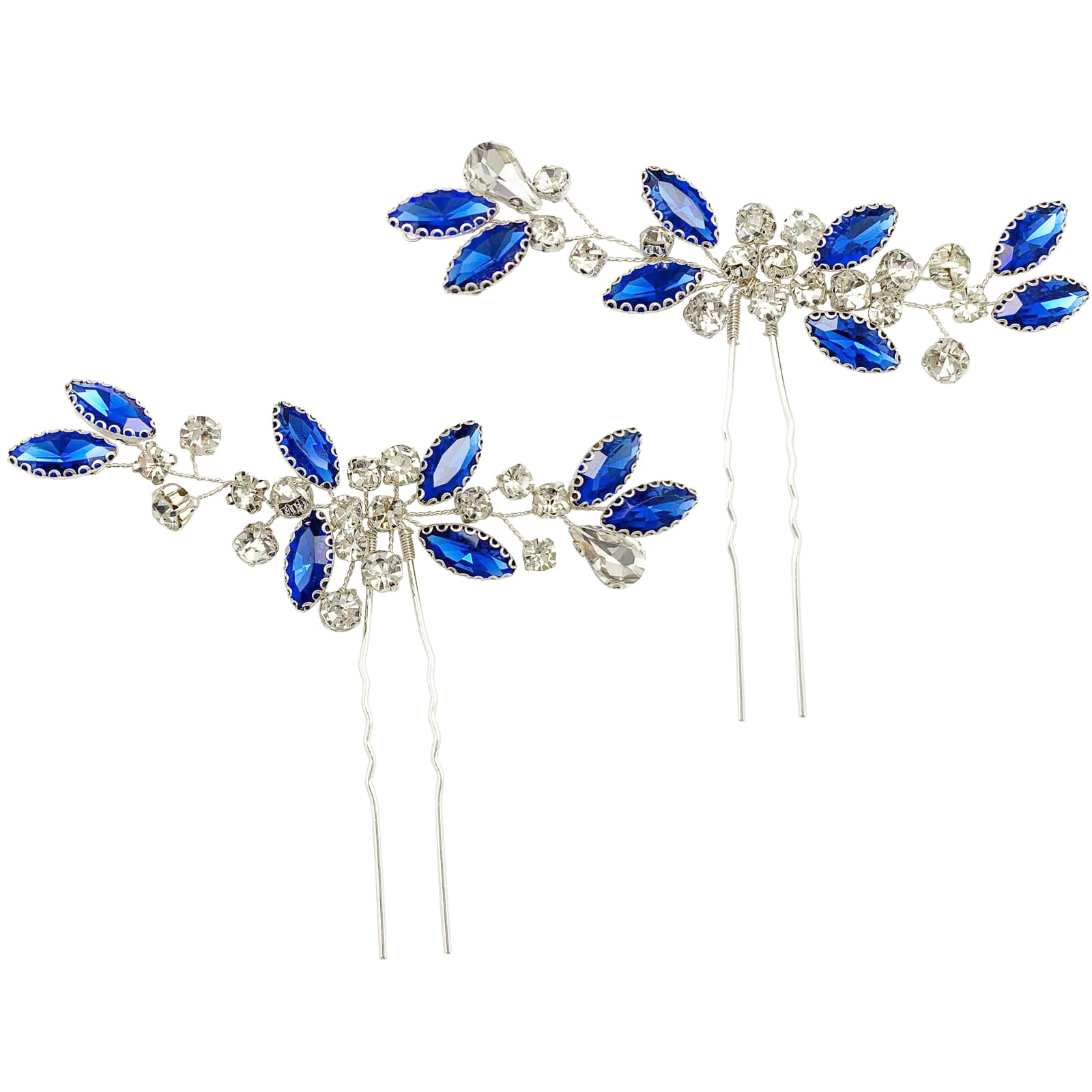 BETITETO Crystal Bridal Hair Pins Sparkle White Blue Rhinestone Wedding Hair Piece Accessories for Women Girls (Pack of 2)