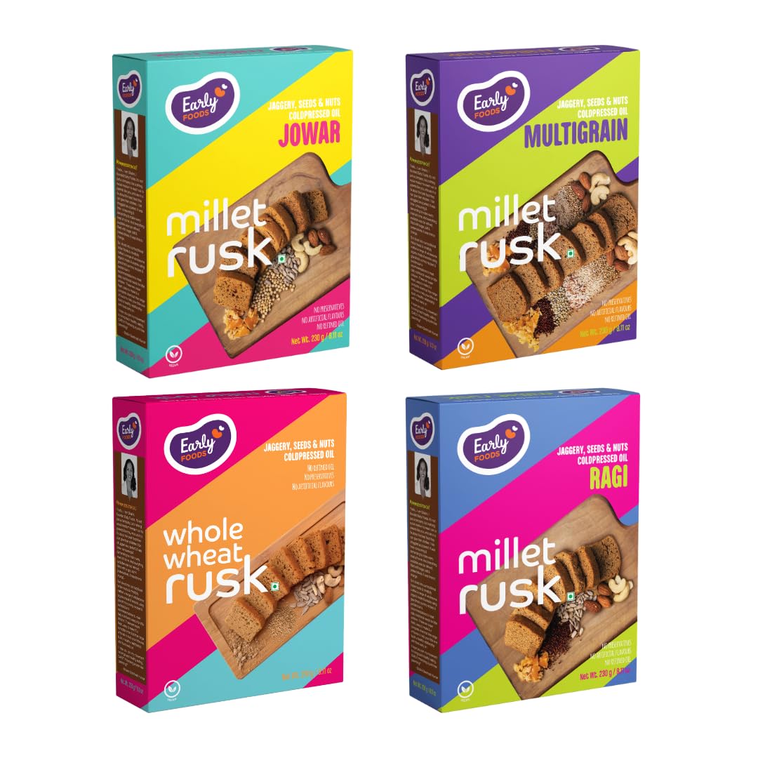 Early Foods - Pack of 4 : Ragi, Jowar, Multigrain & Wheat Rusks | Millet Toast Sugar Free | No Maida Rusk | Rusks for Kids | Millet Toast Biscuits Rusk 163g x 4