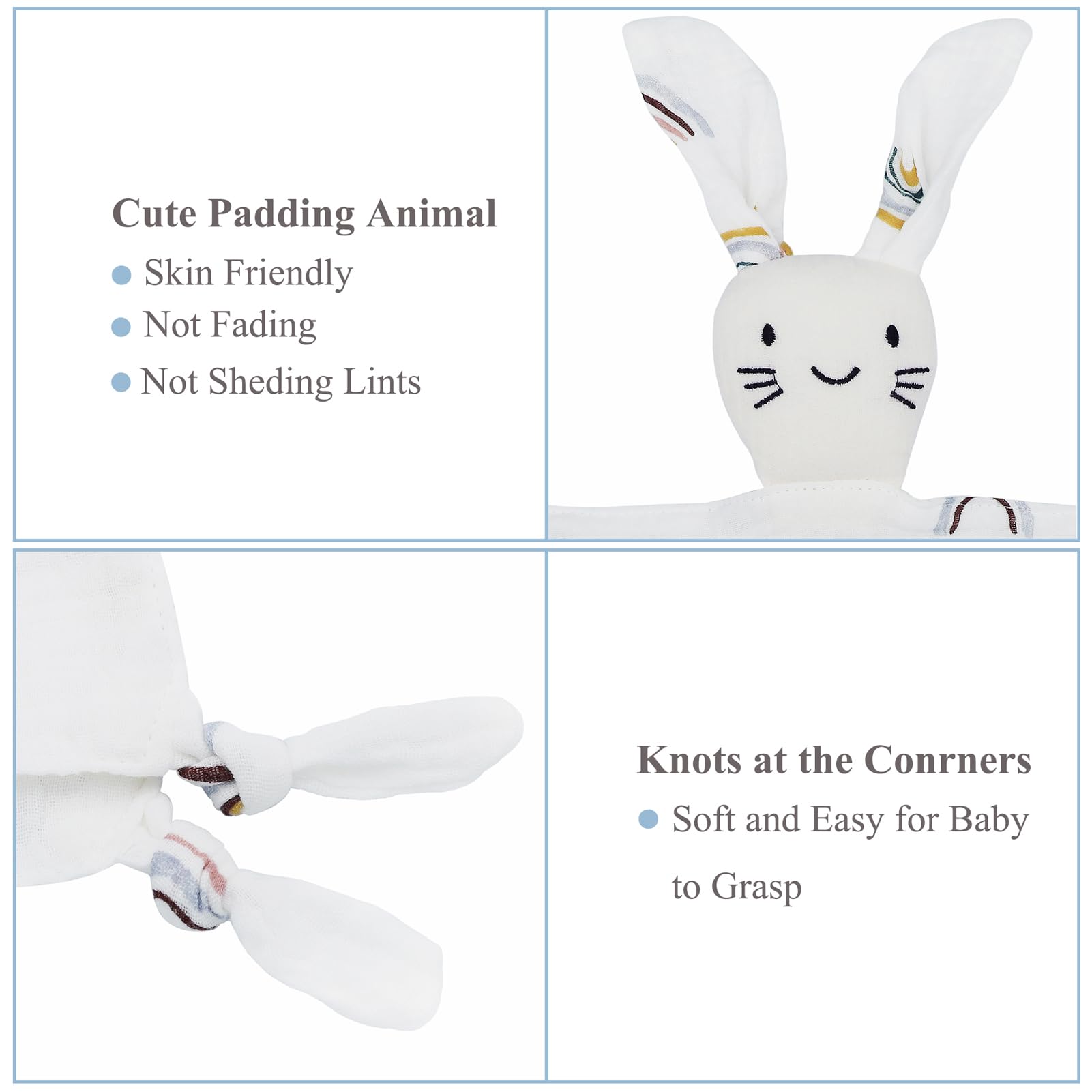 Doudou Bebe Recien Nacido, Manta de Seguridad Muselina de Algodón, Mantita de Apego Juguetes de Peluches Suaves para Dormir Niños Niñas, Dudus Cuadrado Regalo Bebes 0 Meses (Conejito Blanco)