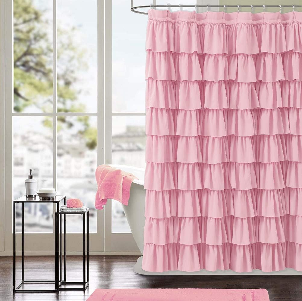 Pink Ruffle Shower Curtain - Farmhouse Ruffled Fabric for Bathroom 72 inches x 72 inch