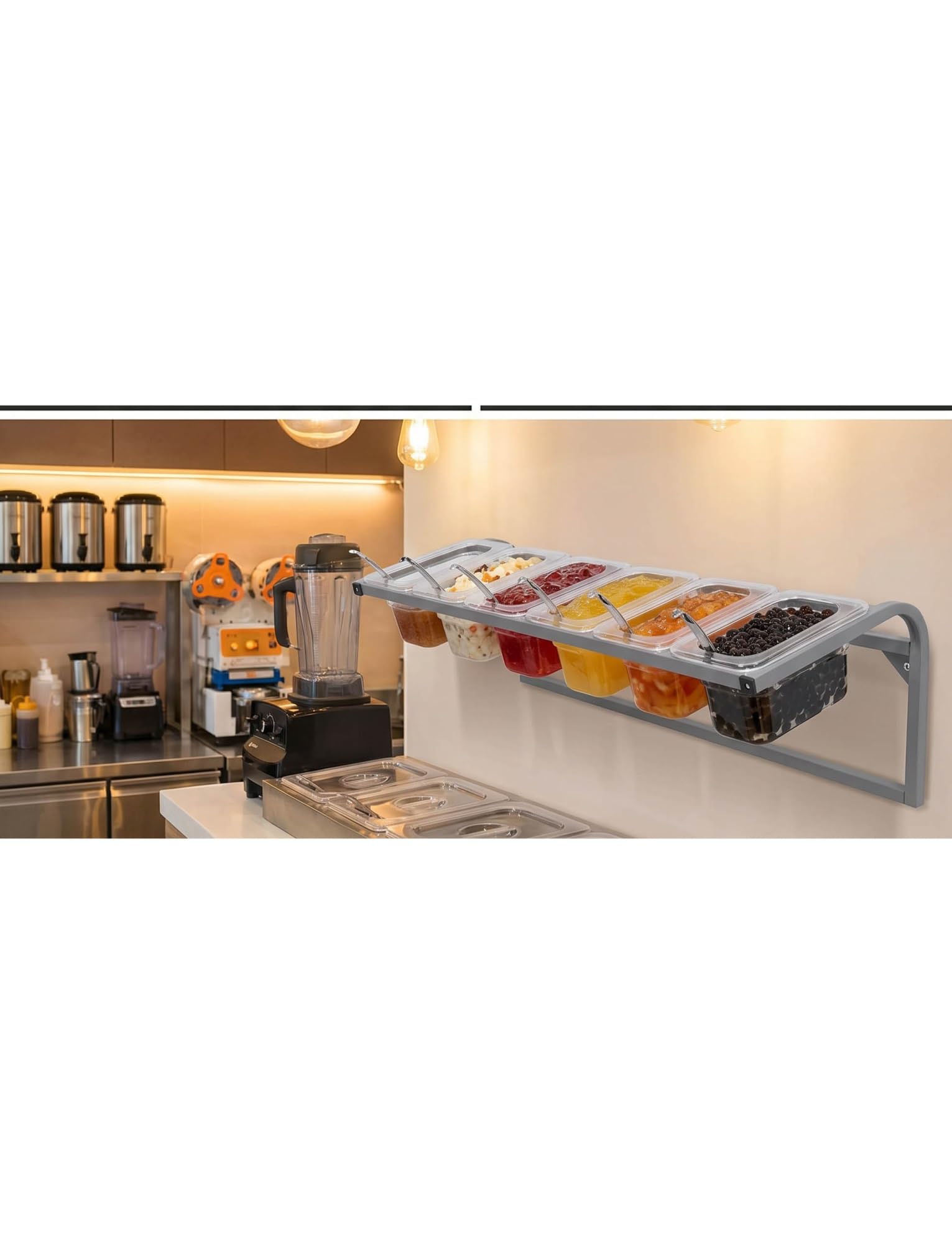 Stazione di copertura da parete per 6 bidoni, in acciaio inox, con scatole e cucchiai in acrilico trasparente, per pizza, insalata, gelato, comoda soluzione per riporre oggetti