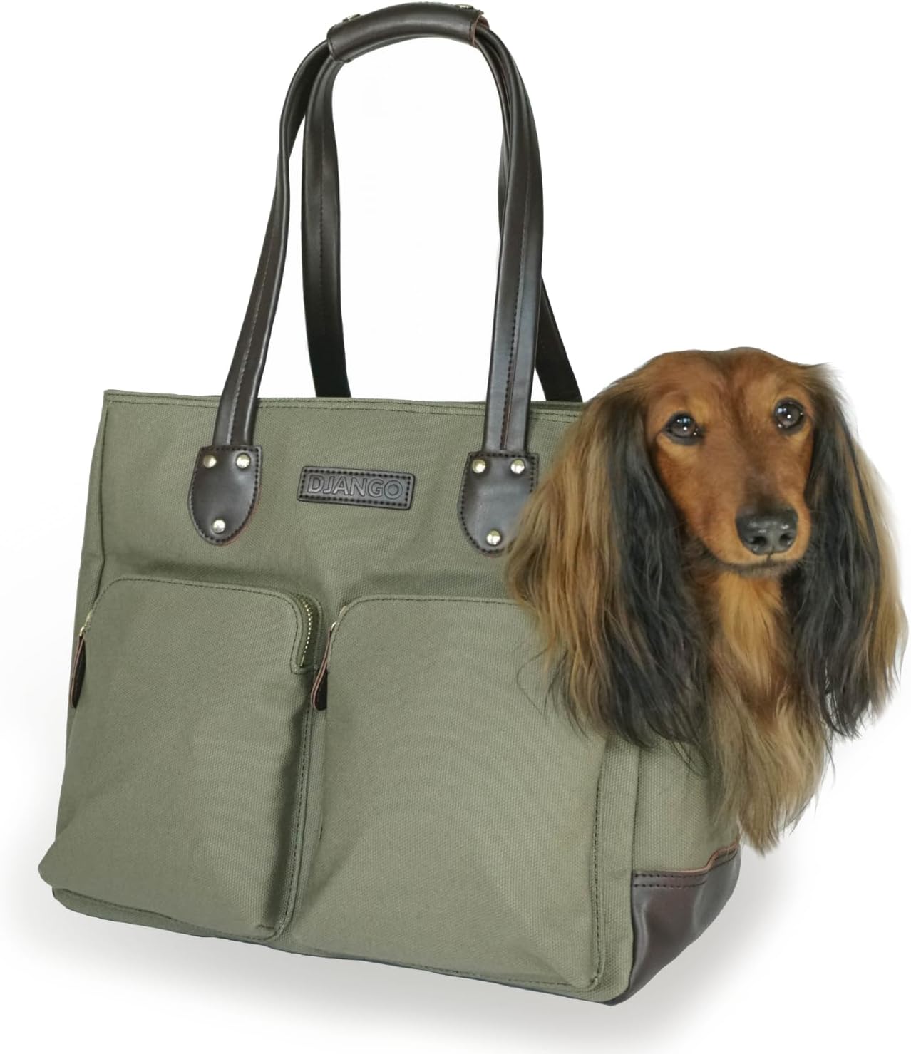 DJANGO Waxed Canvas & Leather Dog Carrier Tote Bag – Premium Soft-Sided Travel Dog Purse with Safety Leash, WR Lining, Zipper Pockets – Everyday Pet Carrier for Small Dogs up to 20 lbs (Olive, Large)