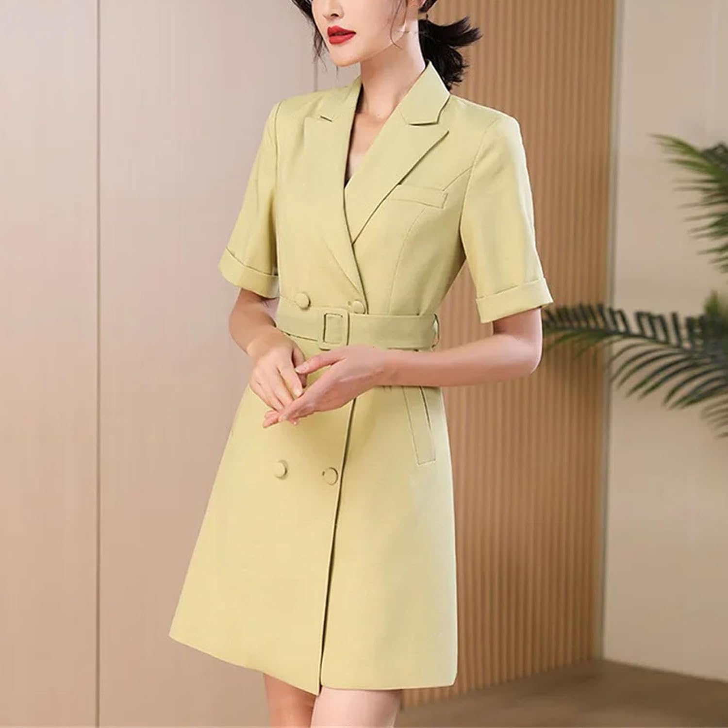Women's Professional Solid Color Suit Collar Short Sleeve Belt Dress Short Sleeve Suit Dress