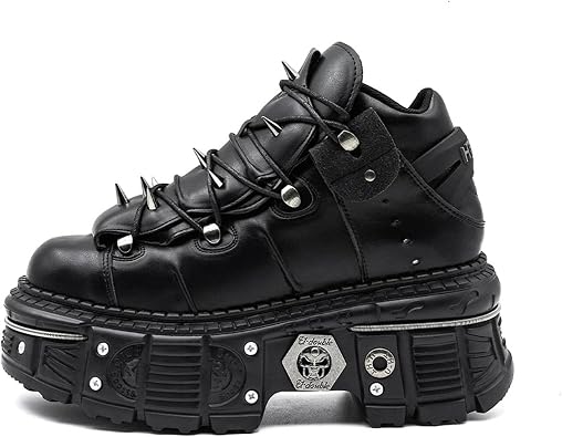 Womens Gothic Platform Boots PU Leather Punk Motorcycle Shoes Metal Accents Chunky Sole Combat Boots