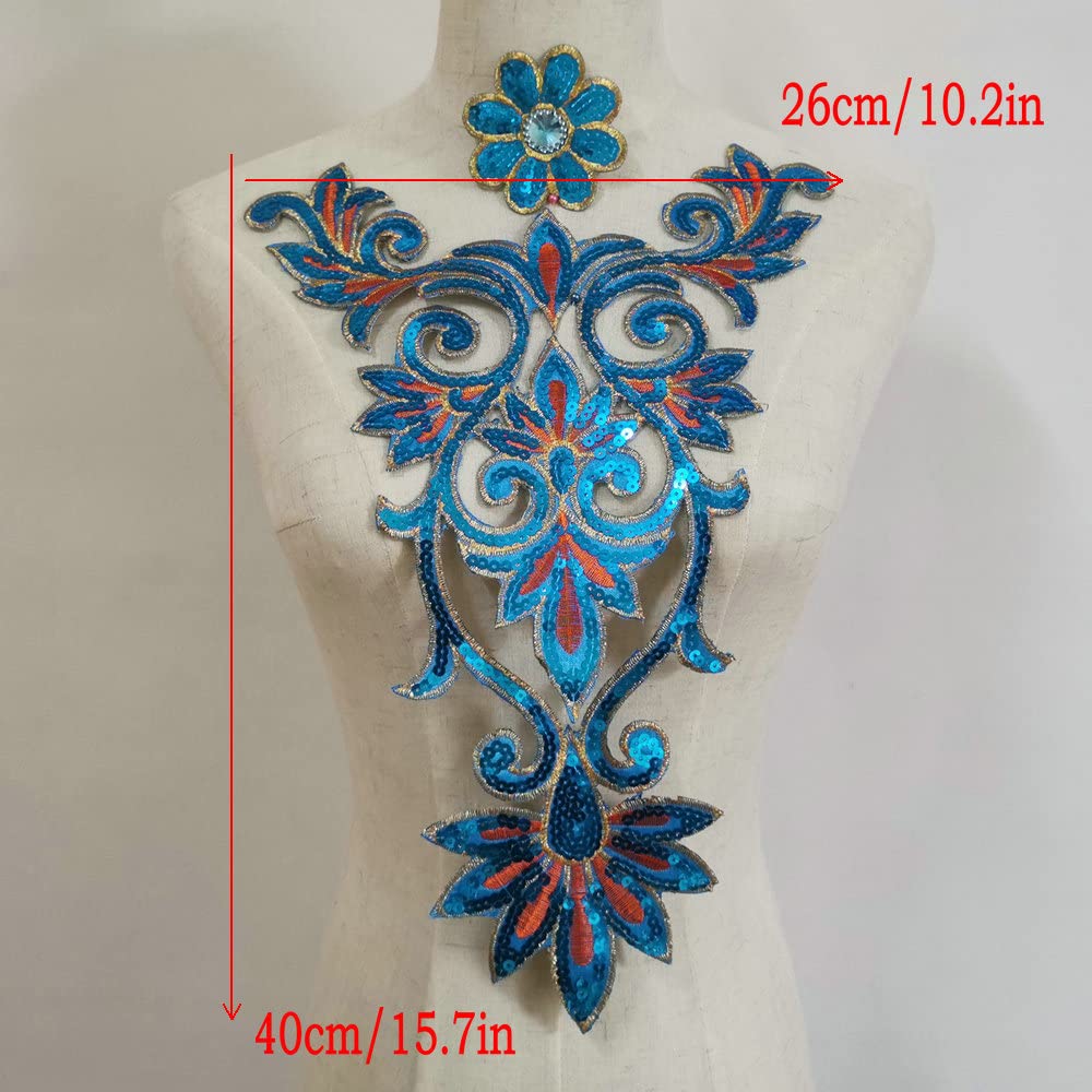 Sequined Flower Trims Big Size Iron on Appliqued Floral Patches 40X26 cm (Lake Blue)