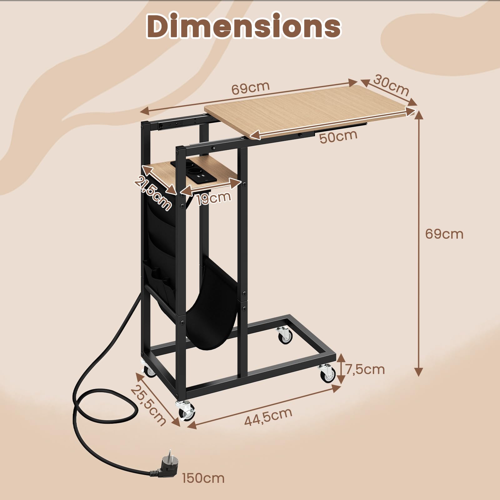 COSTWAY Table d'Appoint à roulettes avec Prise, Plateau Extensible, Bout de Canapé en Forme C, 2 Prises, 1 Port USB, Porte-Revues, 5 Pochettes, Table de Lit a Roulette pour Chambre (Naturel)