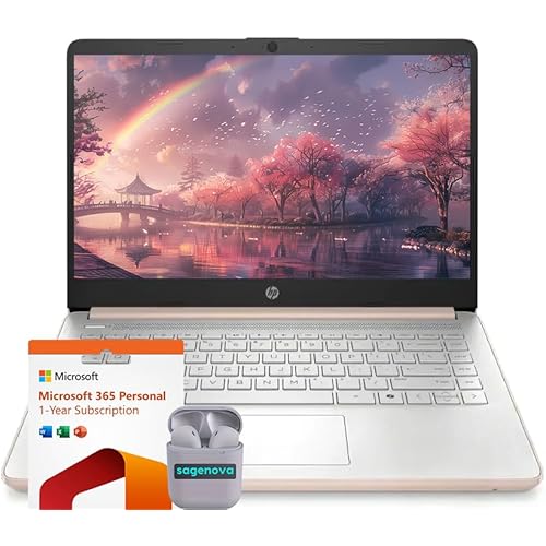 HP 14" Business Laptop Computer with Microsoft Office 365, 4-Core Intel Processor, 128GB SSD + 1TB Cloud Storage, 8GB RAM, Windows 11, SageNova Earphones, Pale Rose Gold