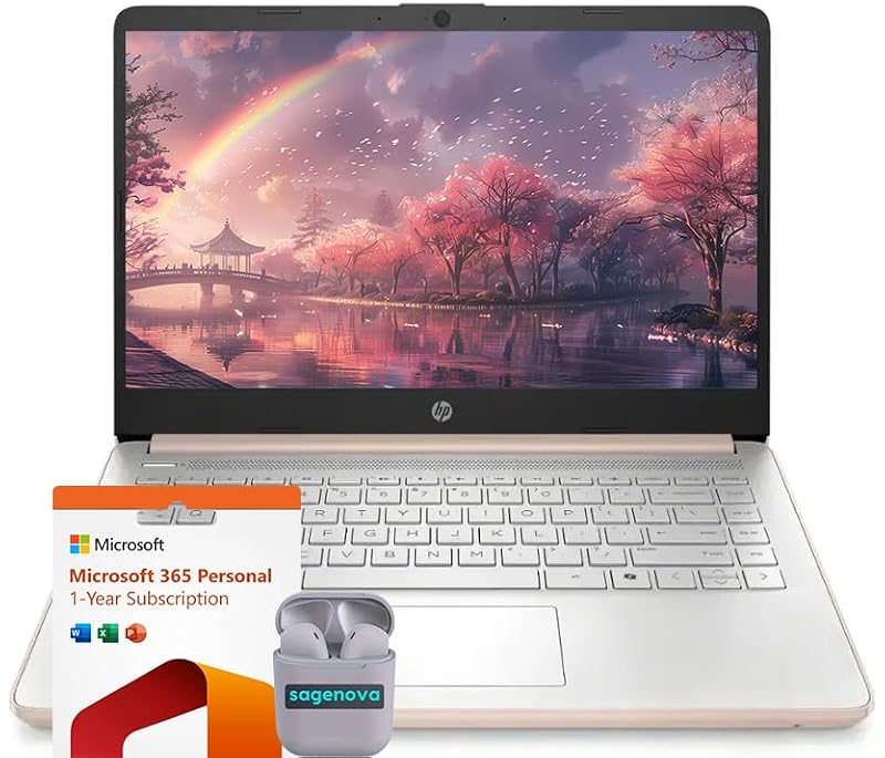 HP 14" Business Laptop Computer with Microsoft Office 365, 4-Core Intel Processor, 128GB Storage, 4GB RAM, Windows 11, SageNova Earphones, Pale Rose Gold