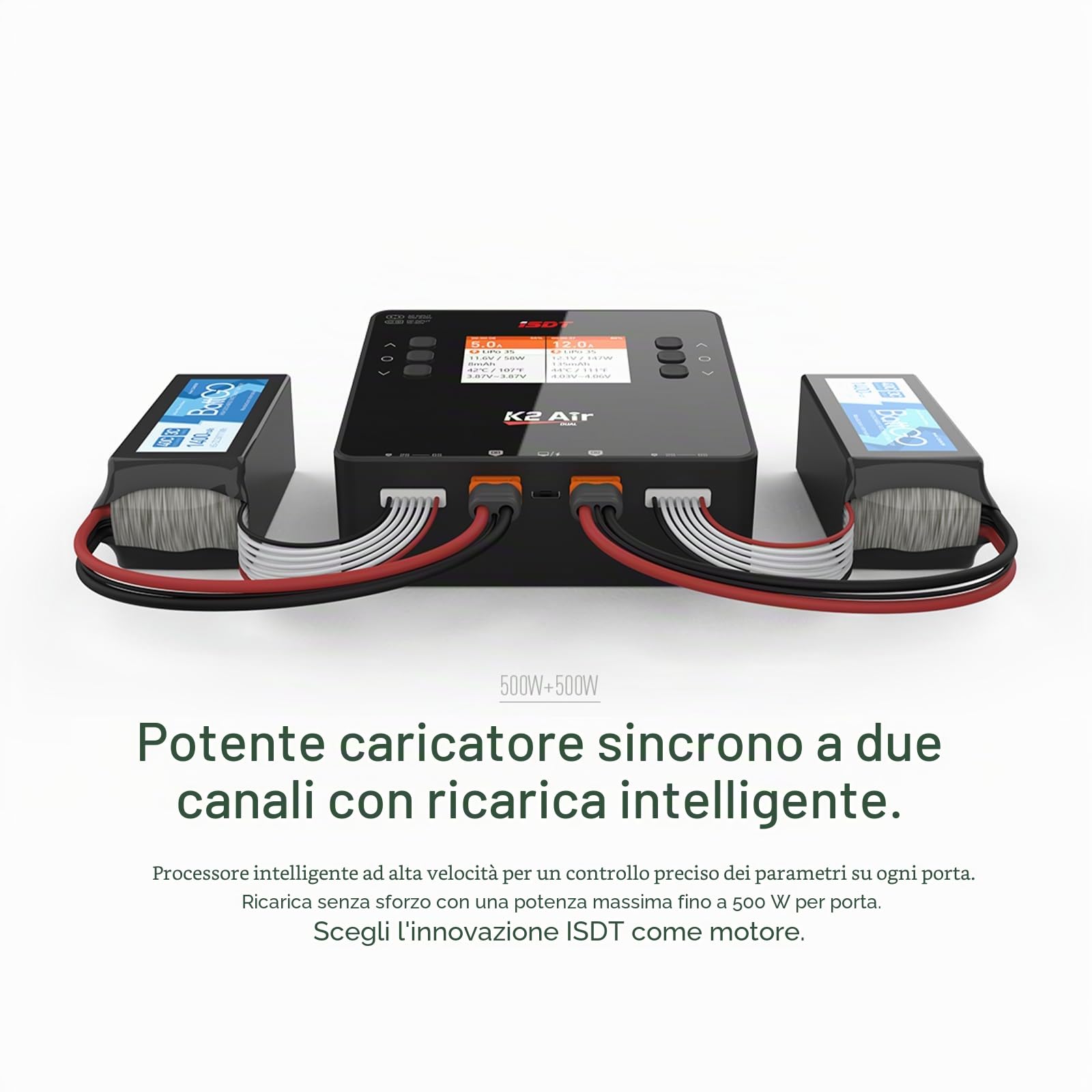 ISDT K2 Air Bluetooth Lipo Caricatore AC 200 W DC 500 W x 2 20 A Smart Balance Scaricatore/caricatore rapido a due canali per batterie Life/Lilon/LiPo/LiHv 1-6S, Pb 1-12S, NiMH/Cd 1-16S