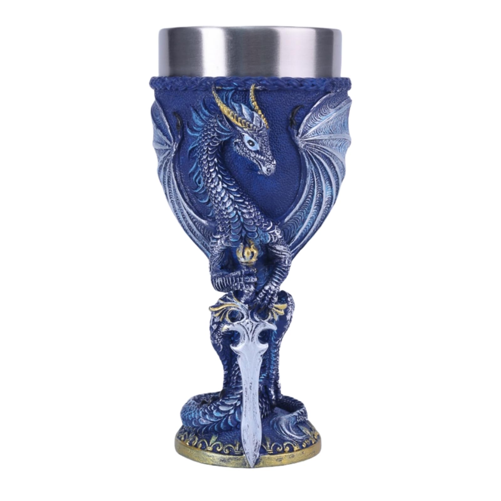 Mittelalter Drache Kelch, Gotischer Drachen Kelch, Goblet Resin Wine Cup with Stainless Steel Lining,Fantasy Dungeons and Dragons Chalice,200 ml (Blauer Schwert-Drache)