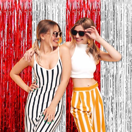 Image of 3 Pack Red Silver Foil Fringe Curtains Backdrop, 3.28 x 9.8 Ft Metallic Streamers Tinsel Curtains Background for Photo Booth, Carnivals, Birthdays, Weddings, New Year Party Decorations