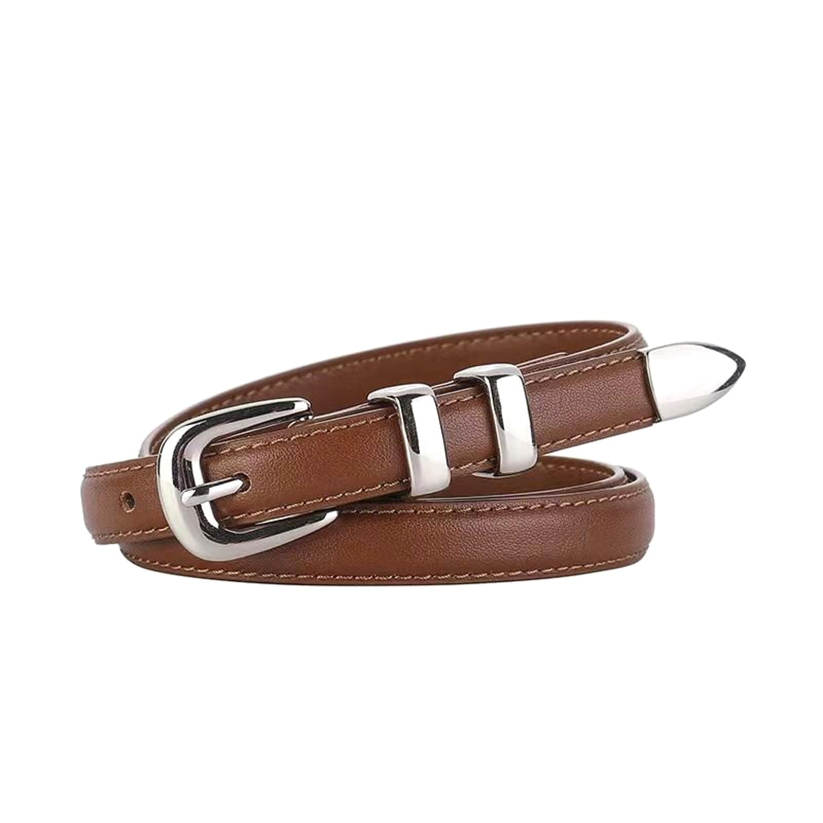 Lyangod Women's Brown Slim Leather Belt With Silver Buckle, 100Cm Length, 1.5Cm Width, Jeans Decorative Belt (, 100X1.5cm)