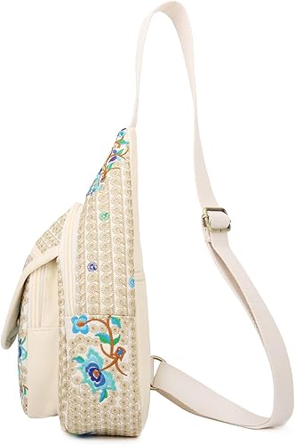 Miniatura 4 de SILKAREA Bolso bandolera pequeño de lona vintage para mujer, bolso cruzado, bolso cruzado bohemio bordado mochila (beige azul)