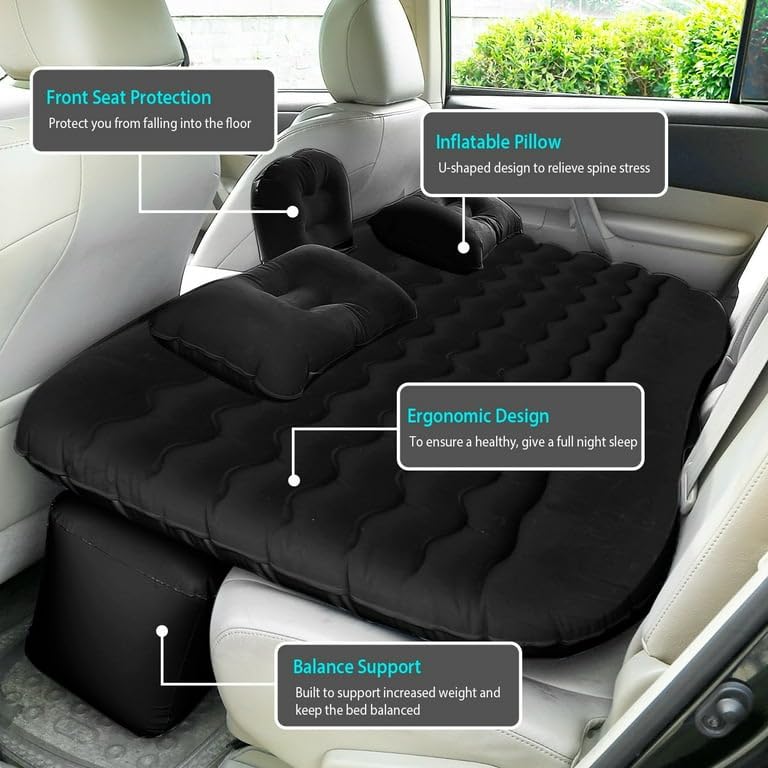 Image of SELECTRA Premium Car Inflatable Bed with Pump & 2 Air Pillows | Quick Inflate Back Seat Mattress | Universal Fit Car Bed for Travel, Camping, Kids, Picnic & Road Trips | (Black)