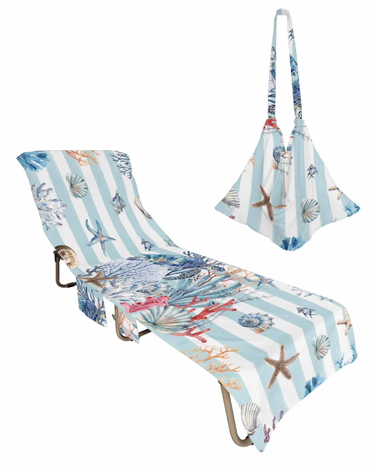 Coastal Turtle Beach Chair Cover with Side Pockets,Microfiber & Quick Dry Pool Chaise Lounge Chair Towels Covers for Sun Sunbathing Patio Garden Hotel,Nautical Striped Coral Starfish Shell Conch Blue