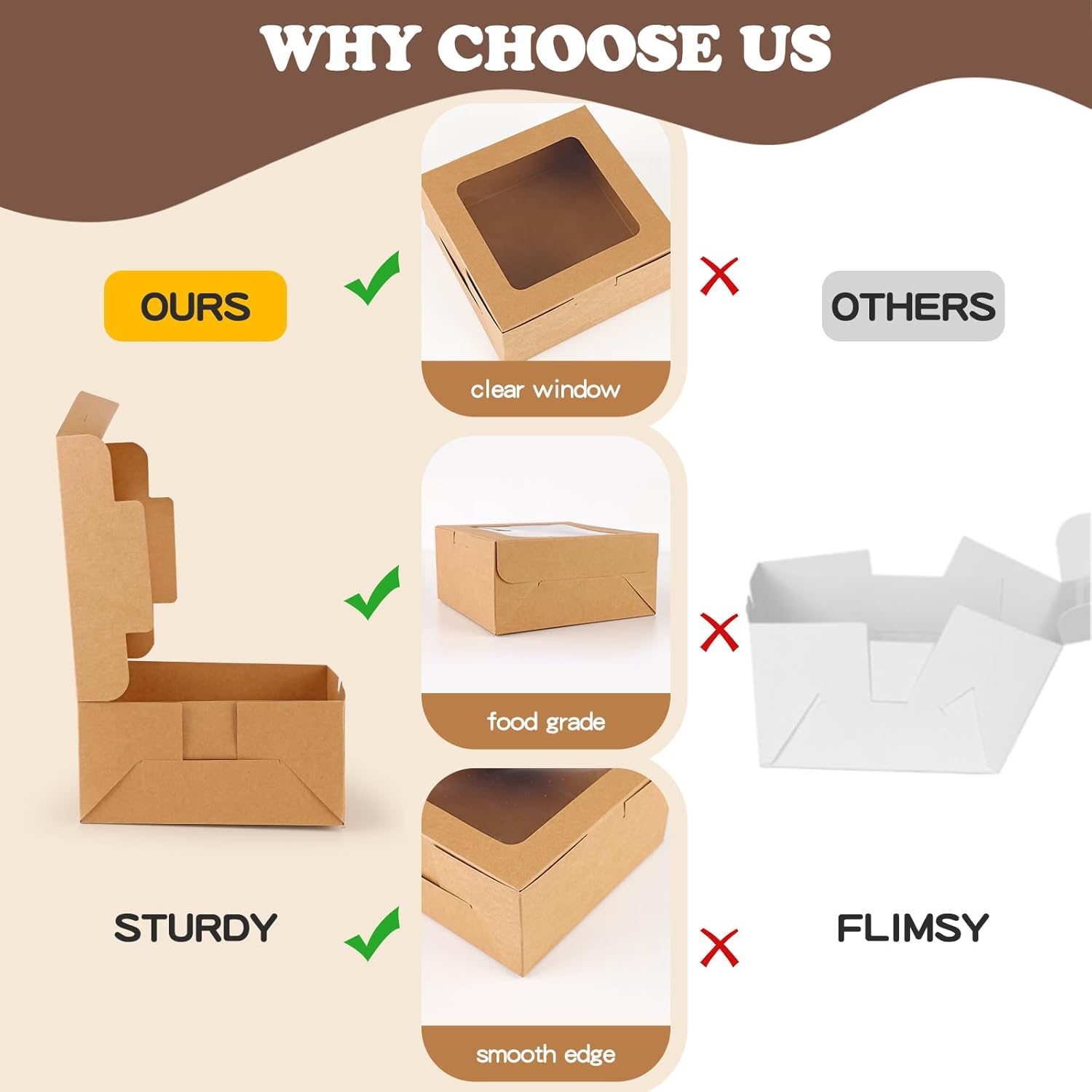 TOMNK 50 PCS Cupcake Boxes with Window, 6.3x6.3x3 Inch Cookie Boxes, Brown Bakery Containers for Pastry, Dessert, Chocolate Strawberries, Treat Boxes with Stickers and Jute Twine