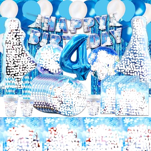 Cumpleaños Froze 4 Años, 79 Piezas Kit Fiesta Cumpleaños Froze, Decoracion Globos Els, Decoraciones Fiestas, Manteles, Banderas, Servilleta, Adecuado para Party Infantiles, Fiesta de Bodas