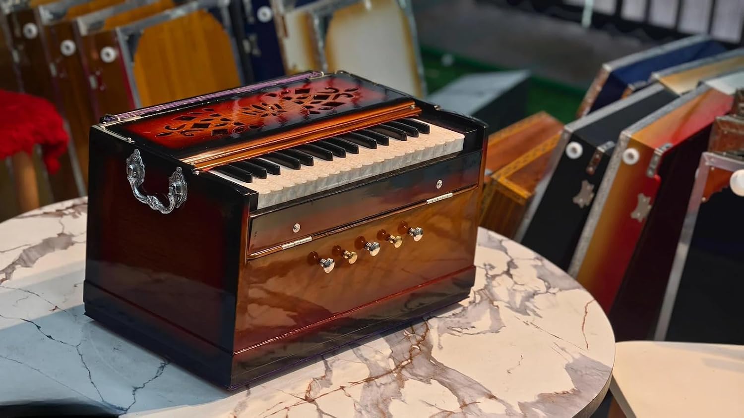 NamasteHimalayas Premium 2- Reed Mini Harmonium – Sunburst Color Standing Body (Non-Folding) Model 2.5-Octave Professional Model with Soothing Sound