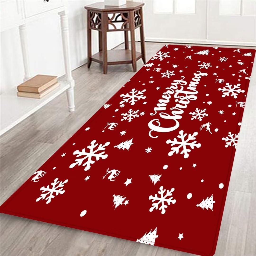 Merry Christmas Long Runner Rug for Hallway,Xmas Tree and Christmas Rugs Runners