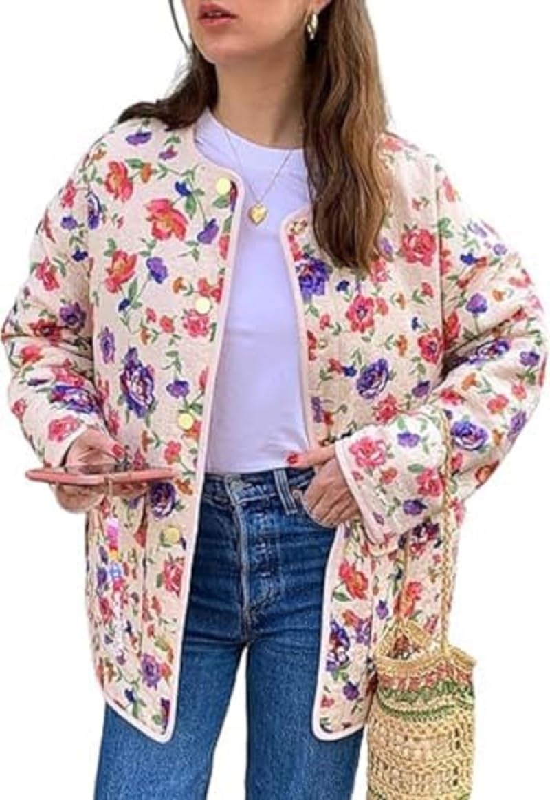 Women's Floral Puffer Jacket Lightweight Long Padded Quilted Coat Open Front Winter Outwear