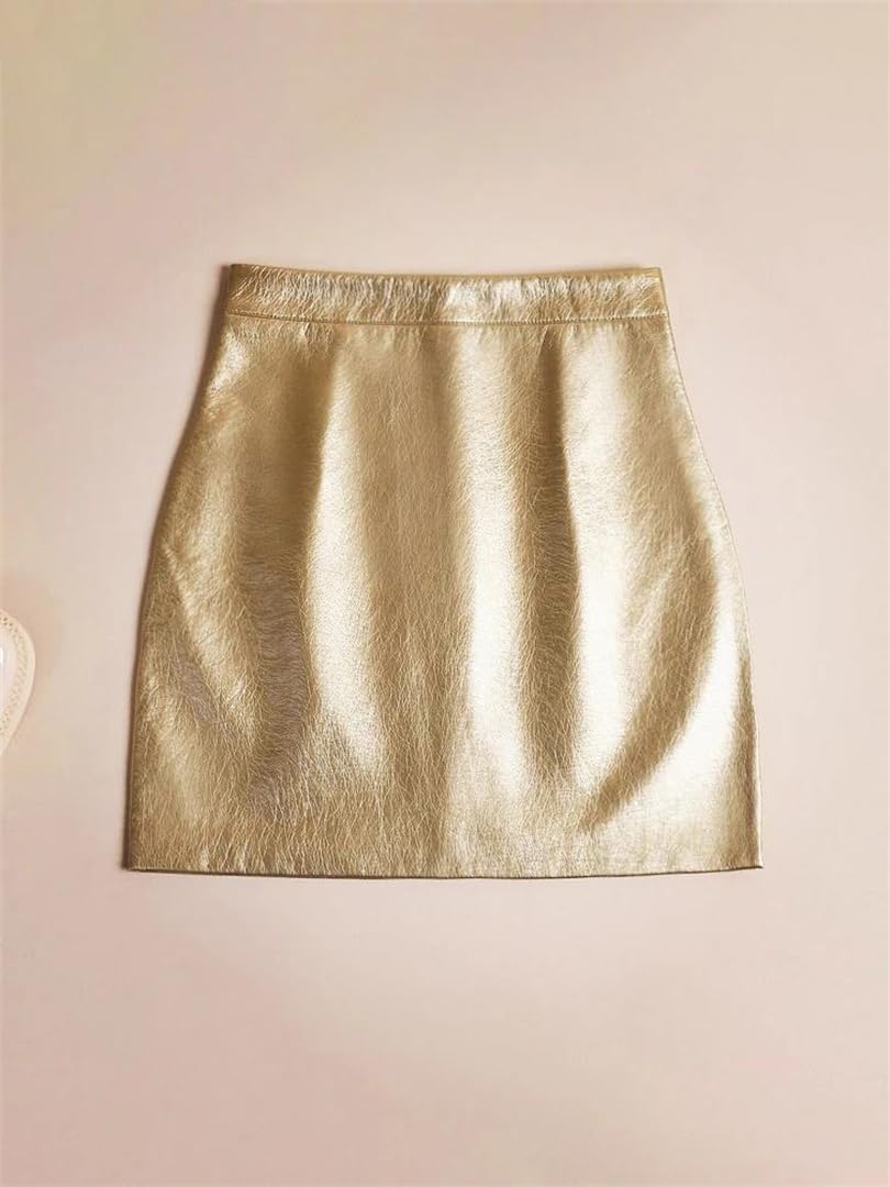 Kelsiop Minigonna da donna in ecopelle verniciata oro riflettente a vita alta Y2k Streetwear