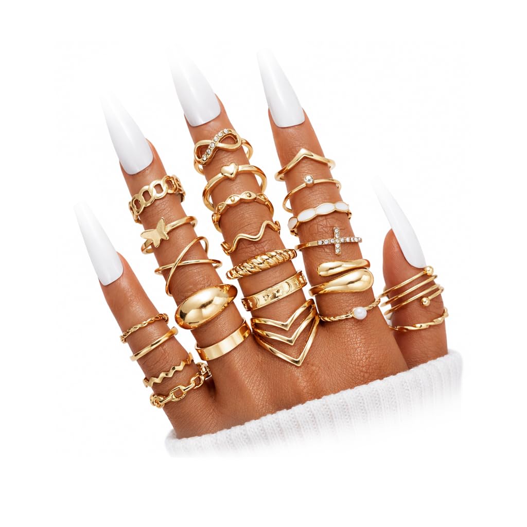 iF YOU 24 Pcs Gold Rings Set for Women, Chunky Stackable Knuckle Finger Midi Rings, Fashion Simple Stacking Cute Rings Pack Trendy Summer Jewelry