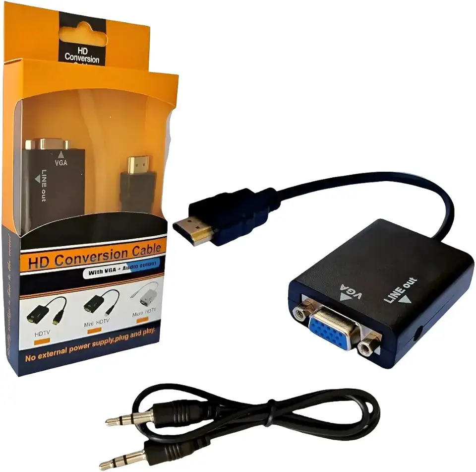Cabo Conversor Adaptador HDMI para VGA, Adaptador com Áudio P2, Cabo USB, Suporte Full HD 1080p, Compatível com PC, Notebook, TV, Monitor, Projetor, Console