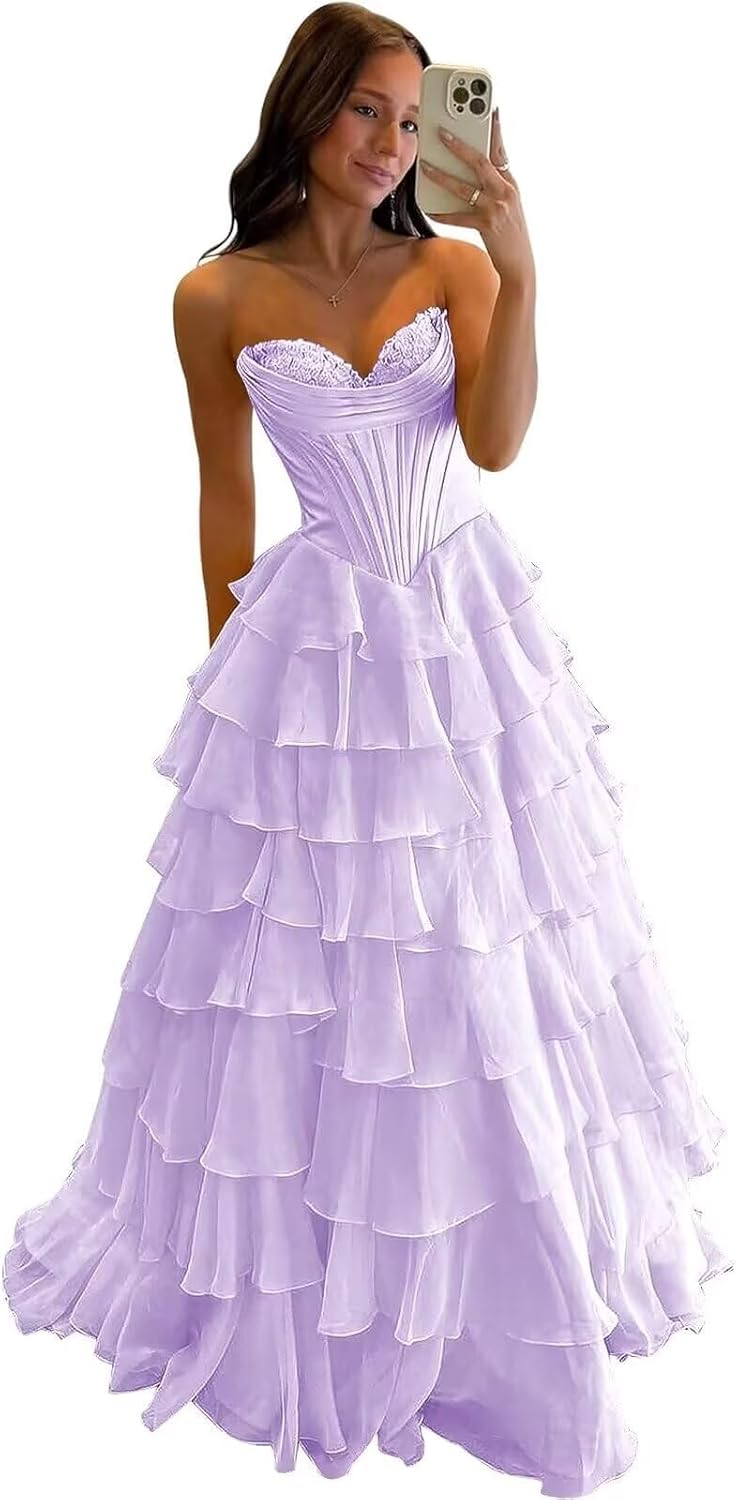 Ruffle Prom Dress Corset Tiered 2026 Strapless Long Chiffon Formal Evening Gown with Slit