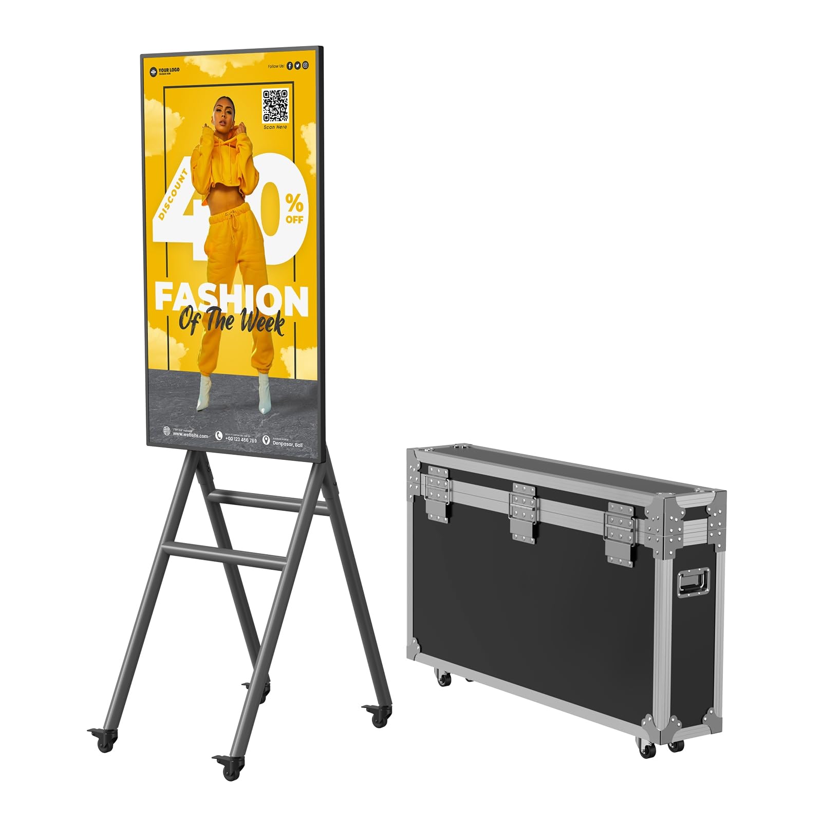 QIXZOCV MWE 43 Inch Mobile Digital Signage Display Kiosk with Flight Case, Portable Digital Poster with Screen Mirroring App Publishing, Advertising